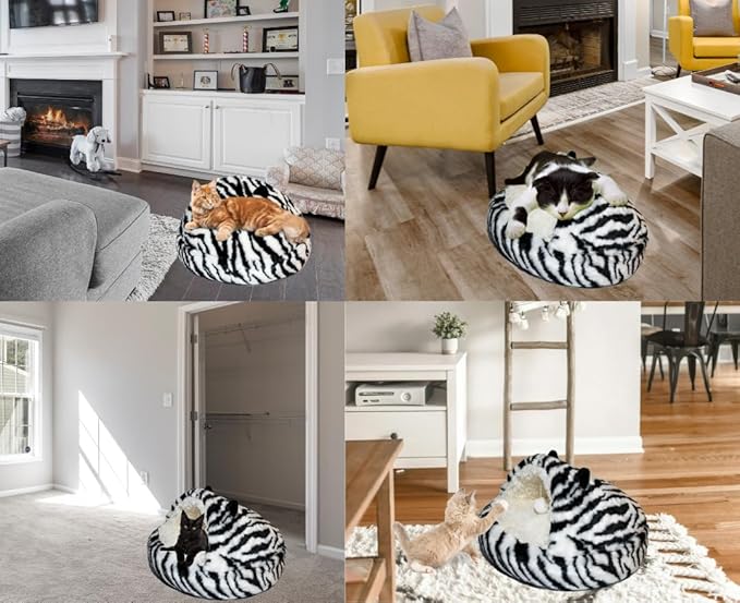 Hooded Plush Cat Bed Cave, Comfy for Indoor Cats, Calming Soft Faux Fur, Anti-Anxiety Plush Hooded Cat Cave with Fluffy Hanging Ball, Washable Anti-Slip, Playful Cat Bed(Black/White, S)