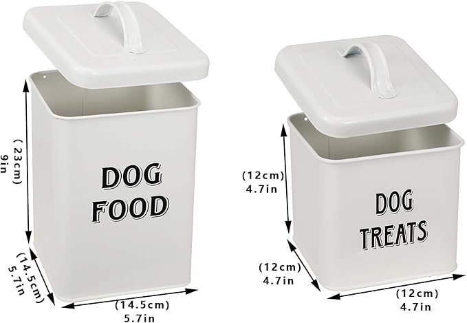 Pethiy Dog Food and Treats Containers Set with Scoop for Dogs-Vintage White Powder-Coated Carbon Steel - Tight Fitting Lids - Storage Canister Tins Small-White