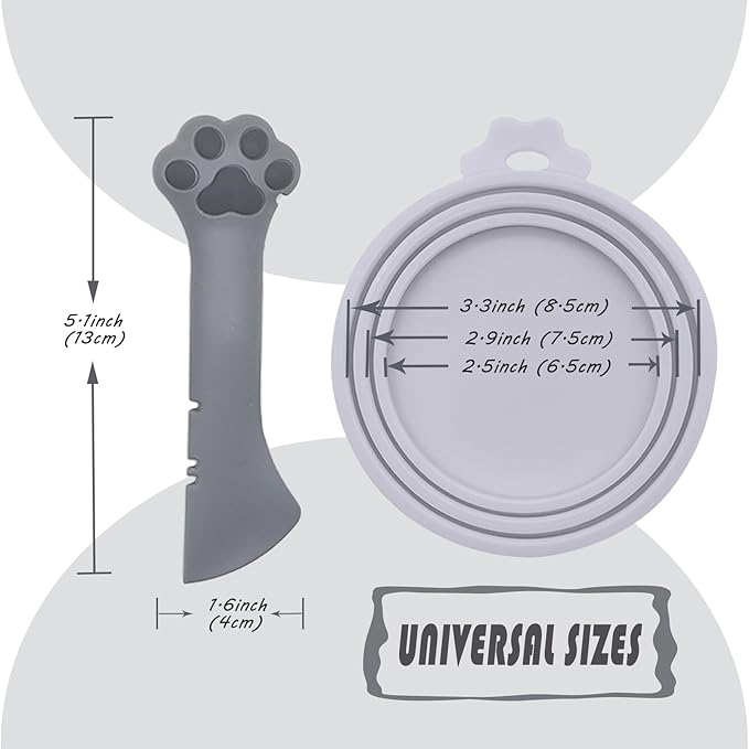 Pet Food Can Spoon & 3 Pcs Can Covers | Cute Paw Shape Opener Spatula Cat Wet Food Spoon | Universal BPA Free Silicone Can Lids & Spoon for Dog Cat Cans(Grey)