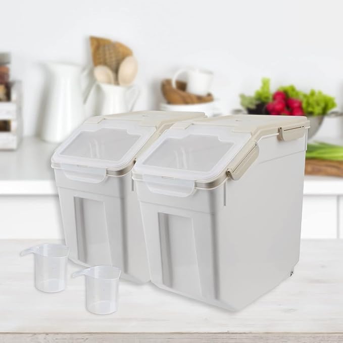 AnRui 2Pcs Airtight Flour Storage Containers 45LB, Large Rice Storage Container, Plastic Cereal Grain Dispenser Organizer Pet Dog Cat Food Storage Bin with Lid, with Measuring Cup, Scoop, Gray