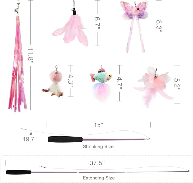 SONGWAY Cat Wand Toys for Indoor Cats - Cat Feather Toys with Retractable Cat Stick and 6 PCS Fairy Cat Teaser Toy Refills, Butterfly Tassel Plush Cat Toys Interactive, Pink