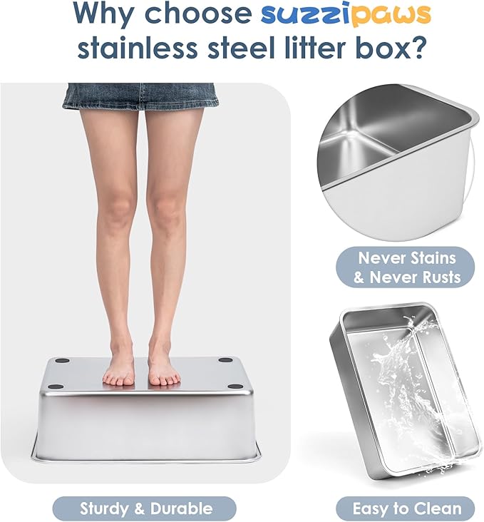 2 Pack 8" Deep Stainless Steel Litter Box with Lid, Extra Large Stainless Steel Cat Litter Box for Multipul Cats, Metal Litter Box with Anti-Leakage High Wall, Deep Litter Pan Easy Cleaning