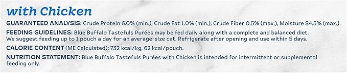 Blue Buffalo Tastefuls Purées with Chicken, Natural Cat Food Complement, Resealable Twist Cap Pouches, 3-oz (12 Count)