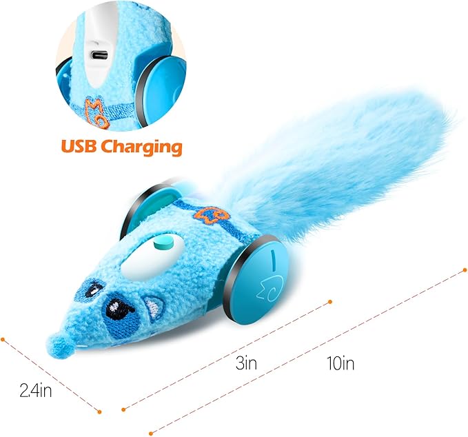 Migipaws Automatic Cat Toys, Plush Cat Mouse Toy, Interactive Toy for Indoor Cats, Smart Moving Kitten Toy, Rechargeable (Blue)