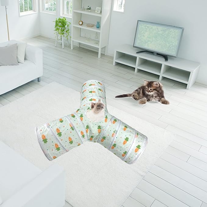 Vehomy Bunny Rabbit Tunnels Rabbit Cat 3 Way Collapsible Tunnel with Cute Carrot Patterns Small Pet Hideout Activity Tunnel Tube Toy for Bunny Kitten Cat Dwarf Guinea Pig Y Shape