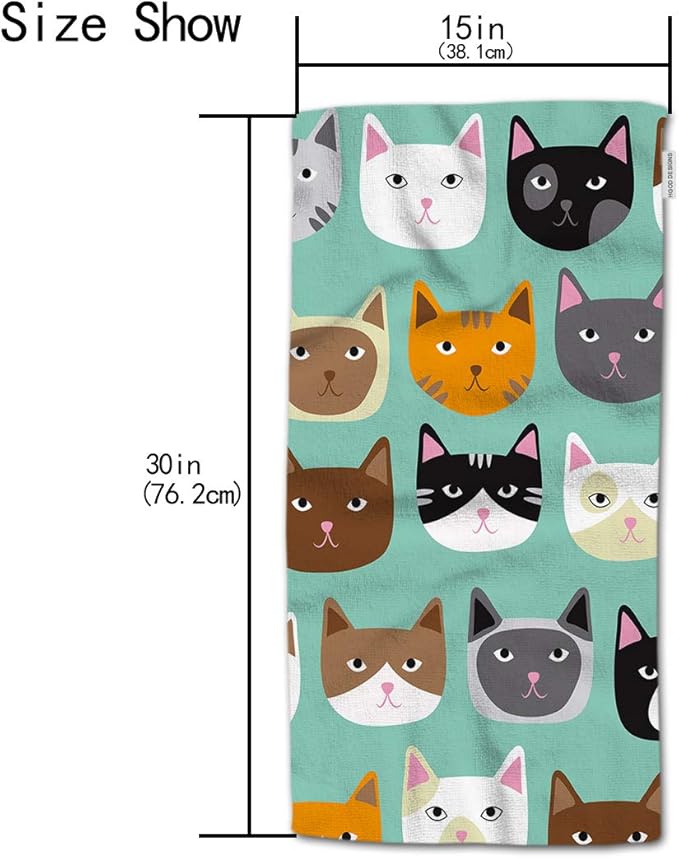 HGOD DESIGNS Cat Hand Towels, Cartoon Curte Cat Face Pattern 100% Cotton Soft Bath Towels 15'X30'
