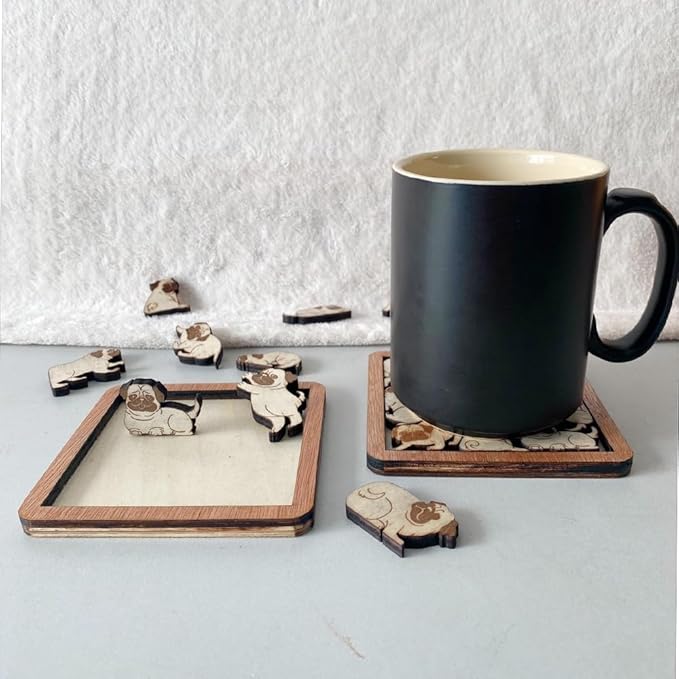 02 Pug Dog Coaster - Pug Dog Puzzle Wooden Coaster Set - Interlocking Jigsaw Drink Mats with Laser-Cut Design for Pug Lovers (Pug Dog)
