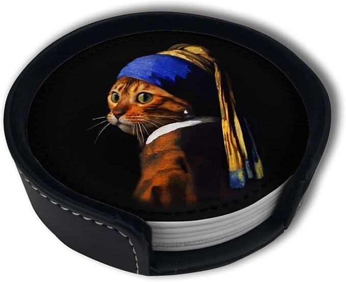 Cat Art Coasters for Drinks with Holder Leather Coasters Set of 6 for Coffee Table