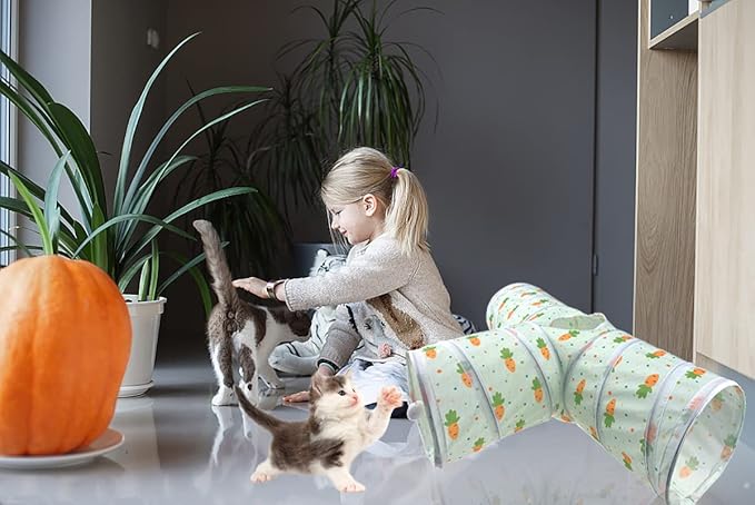 Vehomy Bunny Rabbit Tunnels Rabbit Cat 3 Way Collapsible Tunnel with Cute Carrot Patterns Small Pet Hideout Activity Tunnel Tube Toy for Bunny Kitten Cat Dwarf Guinea Pig T Shape