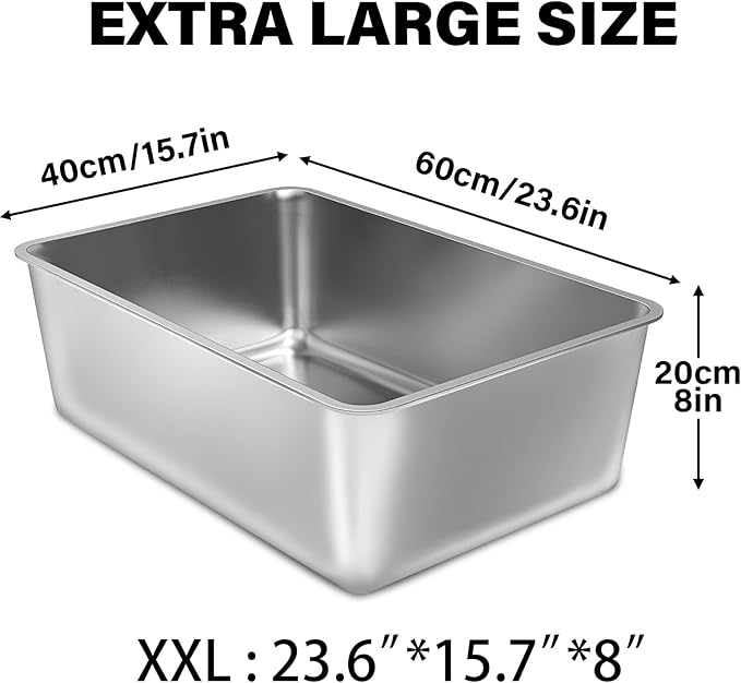 2 Pack Stainless Steel Cat Litter Box,XXL Metal Litter Box for Big Cat 8IN Deep, Metal Pet Toilet Cat Litter Pan Easy to Clean,High Sided Litter Box Adult Cats,Non Stick, No Smell