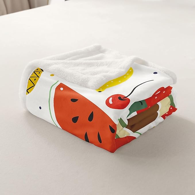 Tropical Fruit Print Fleece Throw Blanket Lemon Pineapple Watermelon Sherpa Blanket for Sofa Couch Bed Summer Vacation Style Plush Blanket Fresh Vibrant Fuzzy Blanket Bedroom Decor Throw 50x60 Inch