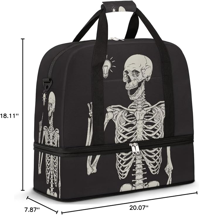 Black Skull Human Skeleton Foldable Travel Duffel Bag Sports Tote Gym Bag With Shoe Compartment For Woman Man Carry On Luggage Overnight Travel Weekend Yoga Workout Bag Training Handbag