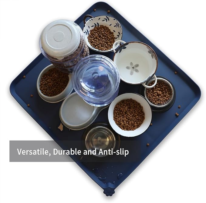 Hoki Found XX-Large Silicone Pet Food Mats Tray - Non Slip Pet Dog Cat Bowl Mats Placemat -Waterproof Dog Cat Food Mats - Dog Pet Cat Feeding Mat - Pet Water Mats for Carpet -Indigo Ink …