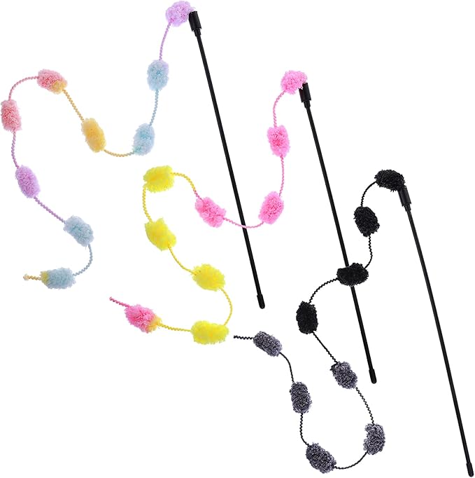 cobee Cat String Toys, 3 Pack Interactive Cat Teaser Wand String Toys Colorful Ribbon with Furry Plush Balls for Kittens Stick Cat Toys for Indoor, Cats to Play Chase Exercise