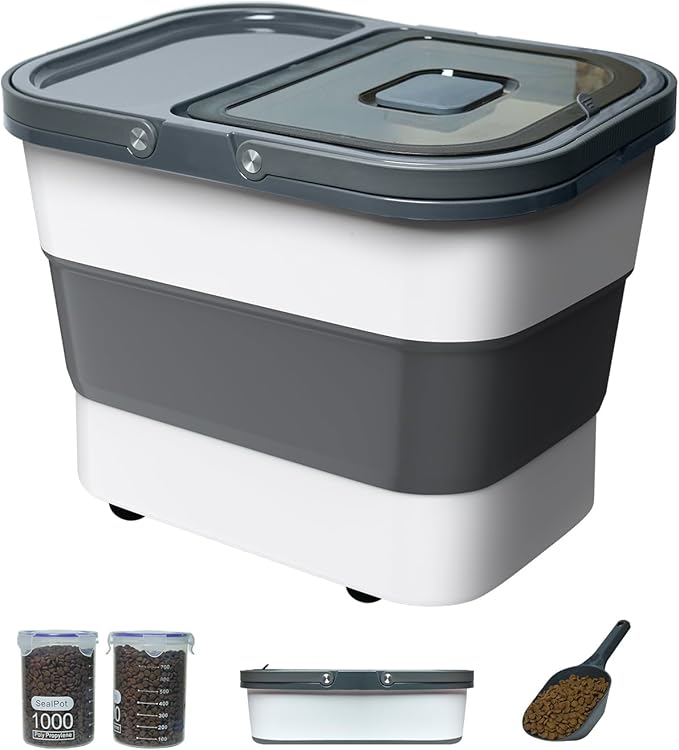 35lbs Dog Food Storage Container, Collapsible Dog Food Container, Wheels, Handle, Airtight Pet Food Storage Container, Scoop, 1L Small Dry Food Pail For Dog Cat Bird Food