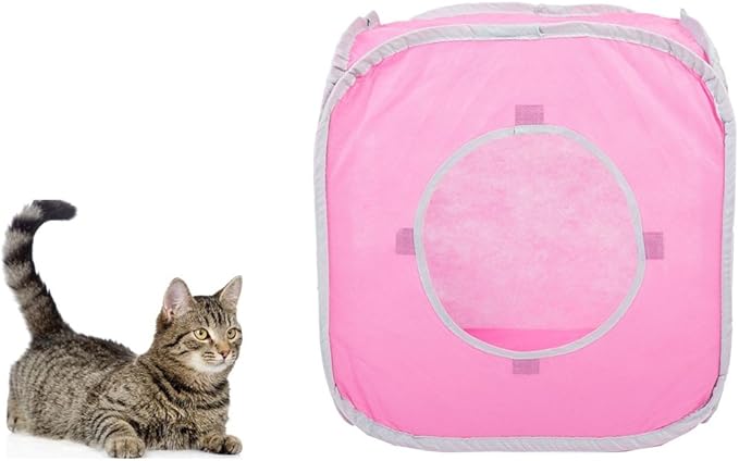 Citmage Cat Cube Pop Up Non-Woven Fabric Play Tent Toy with Hook and Loop,3 Peek Holes Collapsible,Lightweight,Provide Exercise Game for Cats,Kitties,Puppies (Pink)