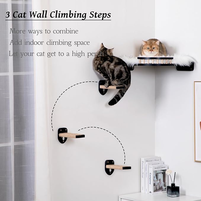 Cat Wall Shelves, Corner Cat Shelf with 3 Cat Wall Steps, Cat Shelves for Wall Large Cats Set, Cat Wall Bed with Plush Covered, Wall Mounted Cat Climbing Shelf for Indoor Cats (Black)