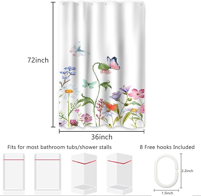 AWERT Butterfly Wildflowers Small Half Size Stall Shower Curtain with Hooks Shower Stall Curtain for Bathroom/RV and Camper 48 x 72
