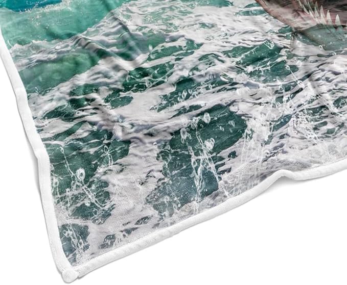 Funny Cat Throw for Kids, Farmhouse Cool Cat Riding Shark on Blue Ocean Fleece Throw Blanket Cozy Soft Lightweight Couch Sofa Bed,Blue Blankets Bedding Gifts for Girls Boys Teens Cute Throw Blanket