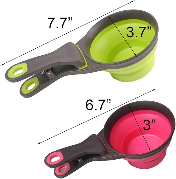 Collapsible Pet Scoop Silicone Measuring Cups Set Sealing Clip 3 in 1 Multi-Function Scoop Bowls Bag Clip for Dog Cat Food Water Set of 2 (1 Cup & 1/2 Cup Capacity) (Multicolor)