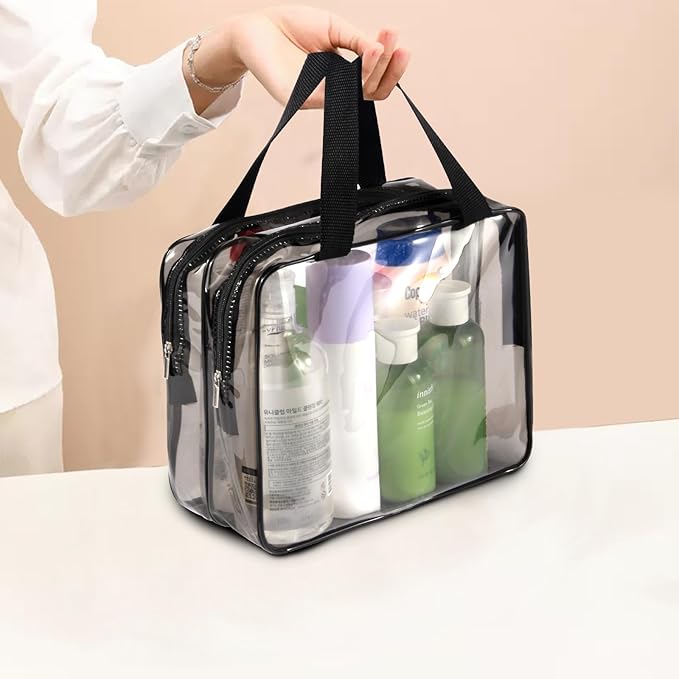 2Pcs Crystal Clear PVC Travel Toiletry Bag Kit for Women Men, Waterproof Vinyl Organizer Clear Makeup Bags with Zipper, Cosmetic Bag Pouch Carry on Airport Airline Compliant Bag Handbag (Double Layer)