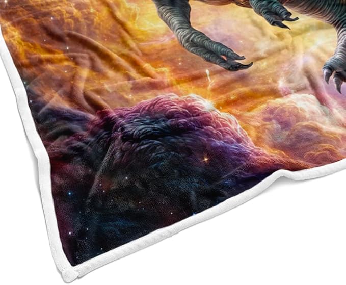 Cute Cat Dinosaur Blanket, Farmhouse Cool Cat Riding Dino in Blue Galaxy Space Rainbow Fleece Throw, Cozy Flannel Warm Soft Lightweight Fuzzy Blankets for Boys Girls Teens Women for Bed Sofa Couch