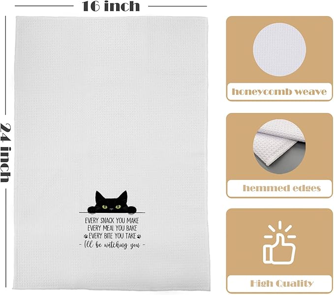 Black Cat Kitchen Towels - Black Cat Decorative Waffle Weave Dish Towels, Black Cat Gifts Hand Tea Towels, Cat Towels for Cat Lovers, Cat Mom Gifts, 16x24 Inch