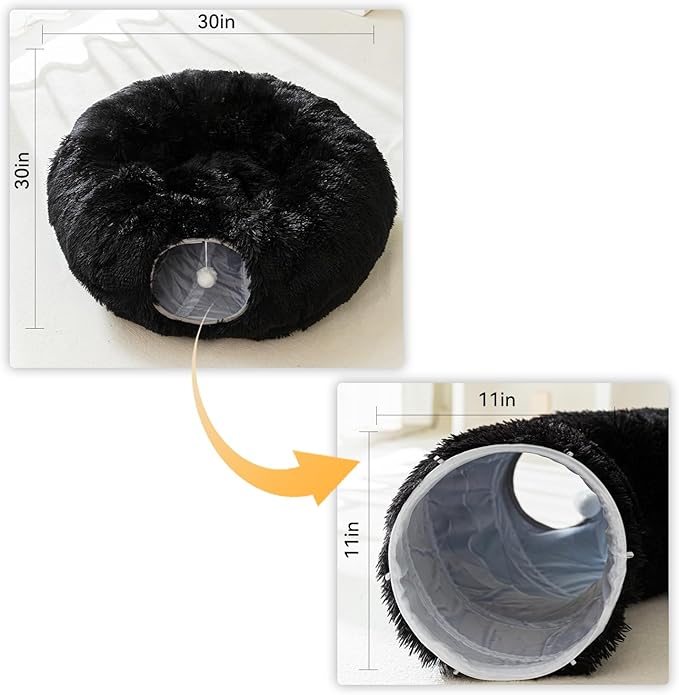 HIPIPET Winter Plush Cat Tunnel with Cat Bed for Indoor Cats,Multifunctional Cat Toys for Small Medium Large Cat. (Black)