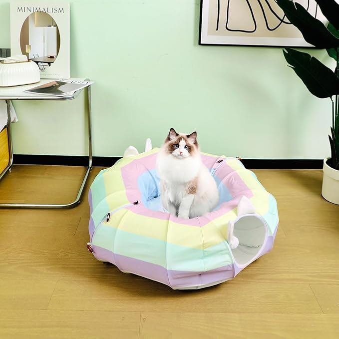 Cat Tunnel Bed for Indoor Cats; Rainbow Cat Bed with Collapsible Donut Tunnel and Washable Mat; Peekaboo Cat Cave with Tubes and Tunnels, Hanging Balls and Peepholes for Small Medium Large Cats