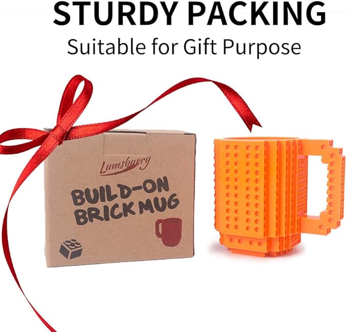 Build-on Brick Coffee Mug Funny DIY Novelty Cup with Building Blocks Creative Gift for Kids Men Women Birthday (Orange)