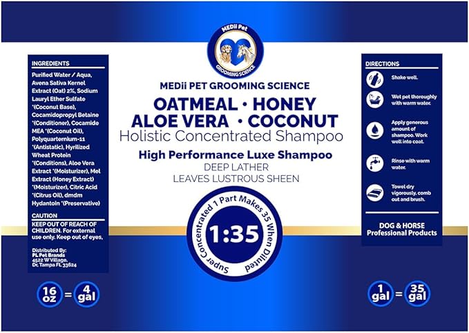Oatmeal Aloe Honey Coconut Concentrated Shampoo - Natural Scent, Foams & Rinses Easily, 16 Oz Oatmeal Dog Shampoo for Itchy Skin, Makes 4 Gallons