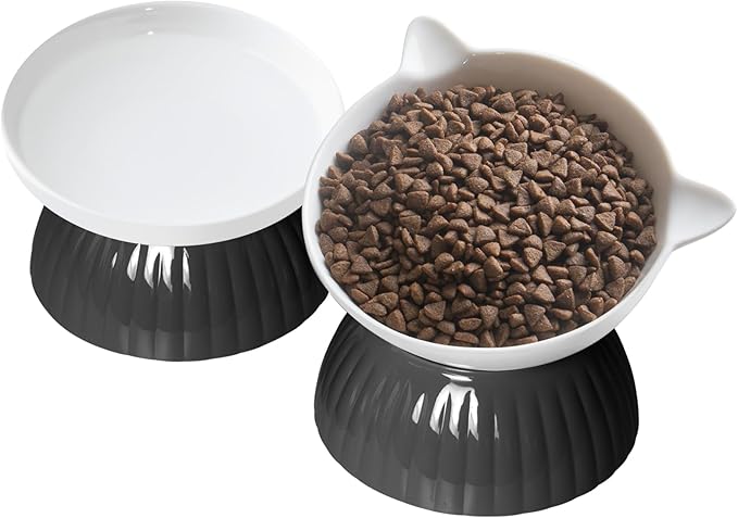 2 Ceramic Raised Cat Food Bowls, Elevated Cat Food and Water Bowl Set, Pet Bowl for Indoor Cats and Small Dogs, Anti-Vomiting Cat Dog Feeder with Plastic Base, Dishwasher Safe, Black…