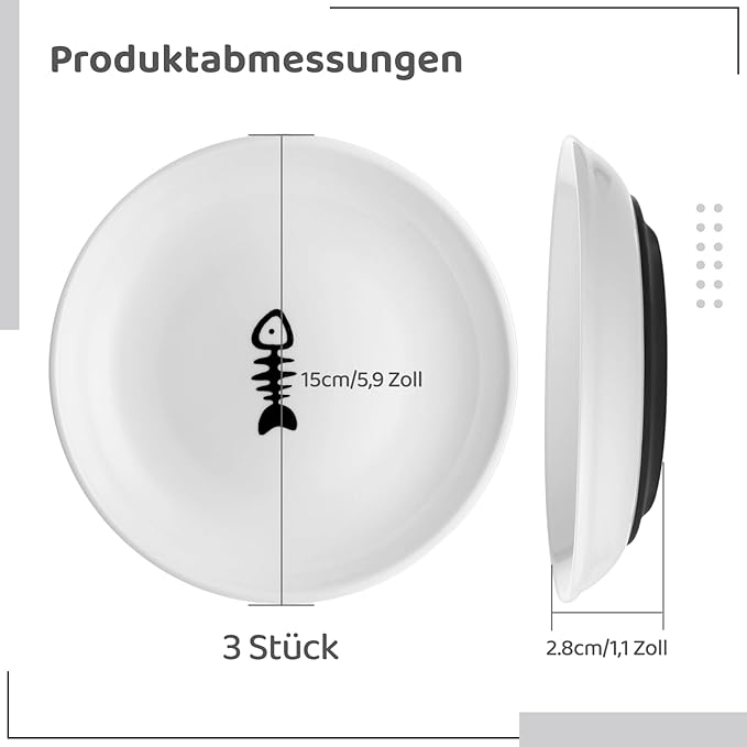 Dorakitten Ceramic Cat Bowls 3 Pack, No Whisker Fatigue Wide Shallow Cat Dishes with Non-Slip Silicone Bottom, Pet Food & Water Plates, 15cm Diameter
