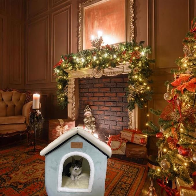 Christmas Cat Bed for Indoor Cats Plaid Christmas Cat Tent Cat Bed Cave for Pets Cats and Dogs (Light Green-M(18.1 X 14.6 X 15.7 Inch))