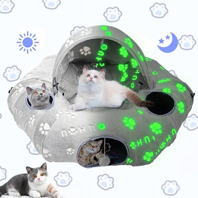 Cat Tunnel Bed, Cat Tunnels for Indoor Cats, Cat Donut Tunnel Toy with Washable Circle Cushion, Straight Shaped Tunnel, 4 Fluffy Balls, Blackout Tent, Self-Luminous Cat Toys(Grey)