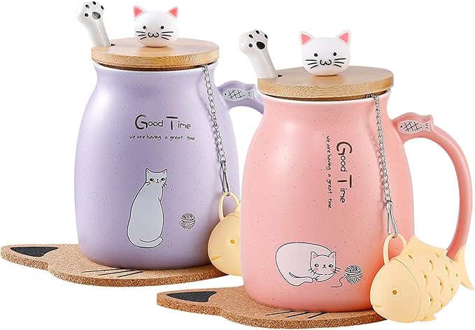 BigNoseDeer 2Pcs Kawaii Cat Mug Cute Tea Cup with Infuser Ceramic Coffee Mugs Cute Cool Preppy Stuff Gifts for Women Cat Gifts for Cat lovers13oz…