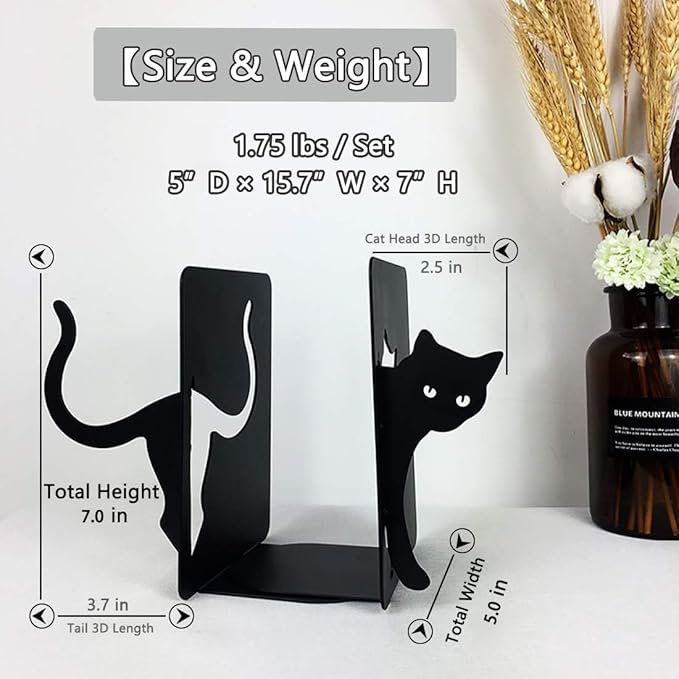 Black Cat Book Ends - Decorative Bookend for Shelves,Book Holder for Desktop, Cute Animal Decor for Home & Office, Gift for Cat Lovers L15.7(A Set) x D5 x H 7"