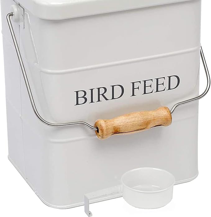 DEAYOU Metal Bird Seed Container with Scoop, Treats Storage Bin, Coated Carbon Steel, Tight Fitting Lid, White