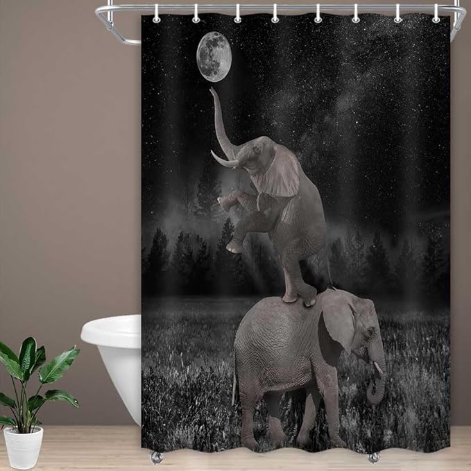 Boziqr Funny Shower Curtains for Bathroom, Cute Elephant Moon Forest Bath Curtain, Rustic Farmhouse Decor Polyester Fabric Fun Cool Animals Black 47 x 64 Inches