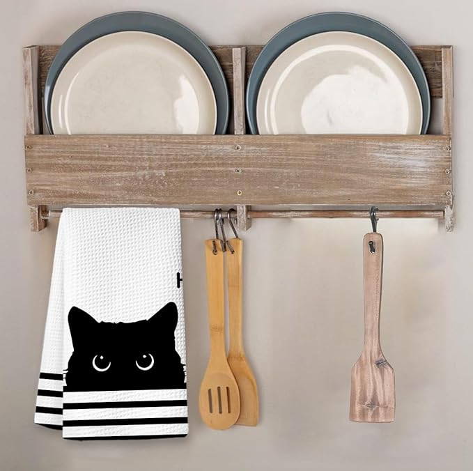 Black Cat Kitchen Towels, Funny Cat Decor for Home, Waffle Weave Microfiber Towel, 1624 Inches