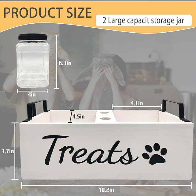 Dog Treat Container Food Storage - with 2 Plastic Treat Jars Pet Cat Food Containers Airtight Organizer Dog Treat Holder Farmhouse Decor Gift for Pet (White)
