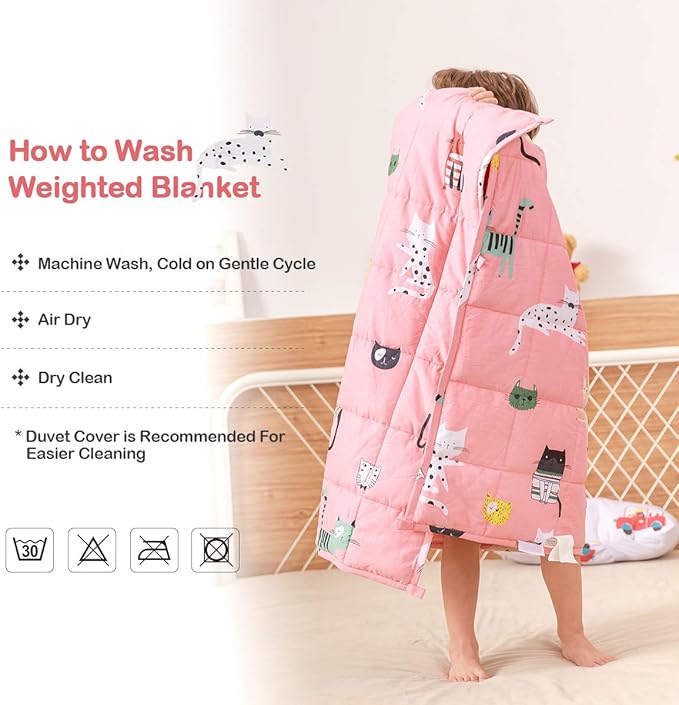 Sivio Weighted Blanket - 100% Cotton Heavy Blanket 7lbs, 41 x 60 inches, Washable Breathable Soft Throw Blanket for Calm Sleeping for Home and School Nap, Pink Cat