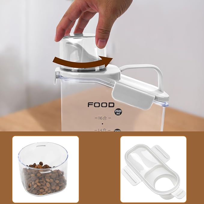 Dog Food Storage Container 3-4lbs, Pet Food Container with Airtight Pour Spout, Cat Food Storage Container with Measuring Cups, Portable Pet Food Container for Dogs, Cats, Birds(White)