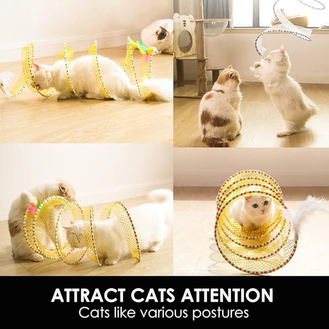 Cat Tunnel Spring Toy Cat Teaser Stick Collapsible, Kitten Tunnel Bored Pet Cat Hunting Play Tunnel with Feather Mouse Toys for Cat, Kitty, Kitten, Rabbit, Puppy (Blue)