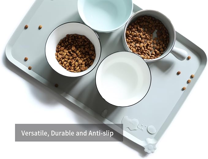 Hoki Found L Silicone Pet Food Mats Tray with Higher Lips - Non Slip Pet Dog Cat Bowl Mats Placemat - Dog Pet Cat Feeding Mat - Waterproof Dog Cat Food Mats -Pet Water Mats for Carpet - Battleship