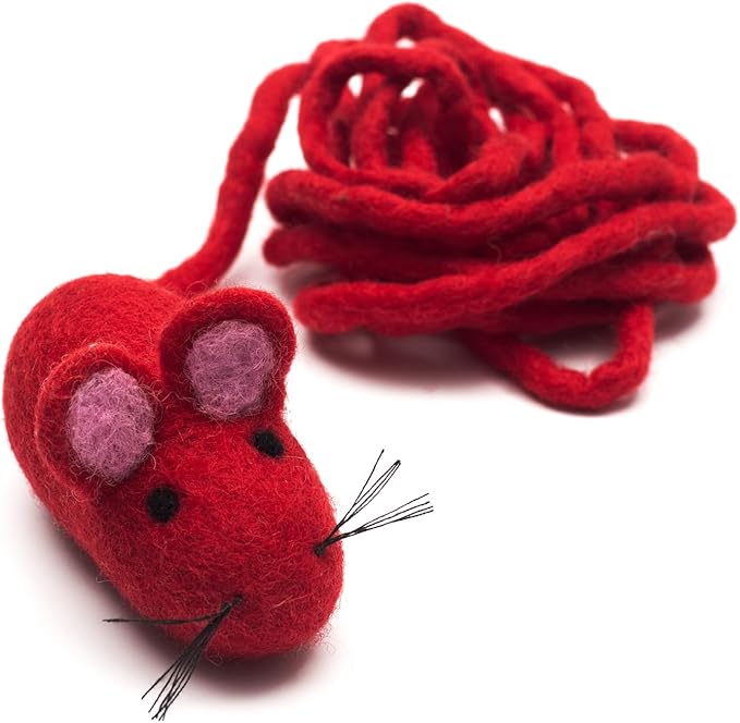 Glaciart One Felt Mouse Cat Toy – Soft Fuzzy Enrichment 100% Natural Wool Toy - Interactive Catnip Play Cat Toy Set - Safe for Pets, Non-AZO Colored Dyes - 100” Long