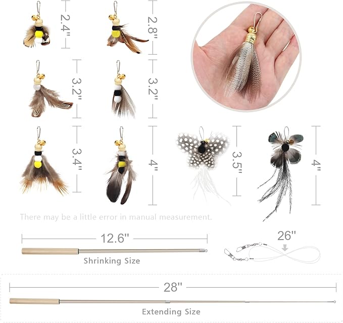 SONGWAY Cat Teaser Wand Toy - 9 Pieces Retractable Cat Wand Toy Set, Insect Worm Replacement Teaser with Bell, Cat Feather Toys for Indoor Cats, Interactive Cat Toy for Kitten Cat