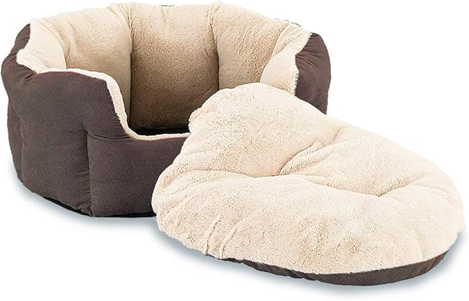 SPOT Sleep Zone Small Pet Bed - High Wall, Reversible Cushion Bed for Indoor Cats & Small Dogs, Durable Faux Suede, Machine Washable for Pets Under 10lbs and 15 inches Long - 18x16in, Chocolate Brown