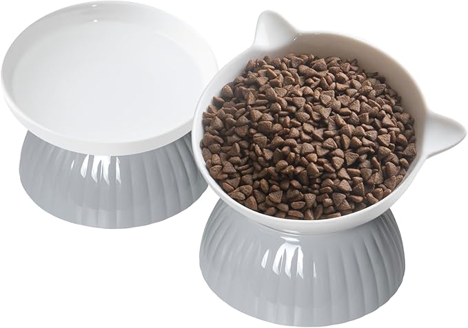 2 Ceramic Raised Cat Food Bowls, Elevated Cat Food and Water Bowl Set, Pet Bowl for Indoor Cats and Small Dogs, Anti-Vomiting Cat Dog Feeder with Plastic Base, Dishwasher Safe, Grey…