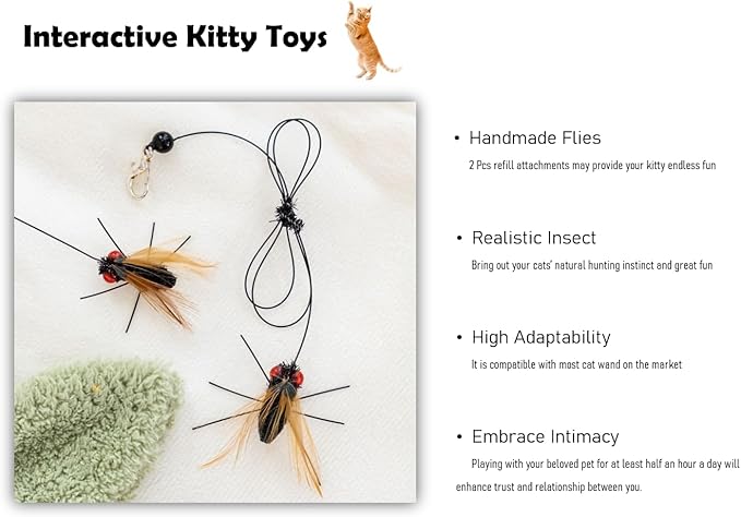 Cat Insect Feather Toys Replacement - 2 Pcs Handmade Natural Flies - Cat Toy Wand Refills - Interactive Kitten Teaser Wand Attachments - Cat Toys for Indoor Cats Play